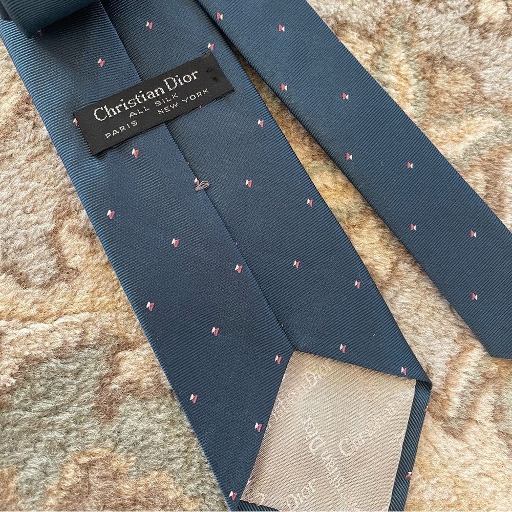Vintage Christian Dior Men's Vintage Navy Blue w/ Dot Pattern Silk Necktie